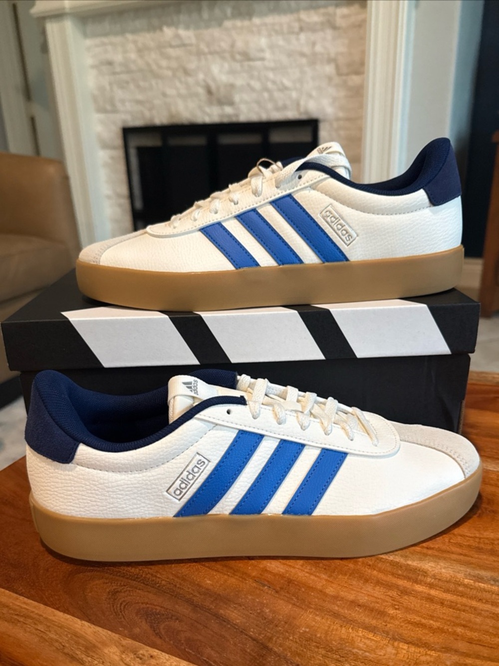 adidas White and Blue Low-Top Sneakers with Gum Sole